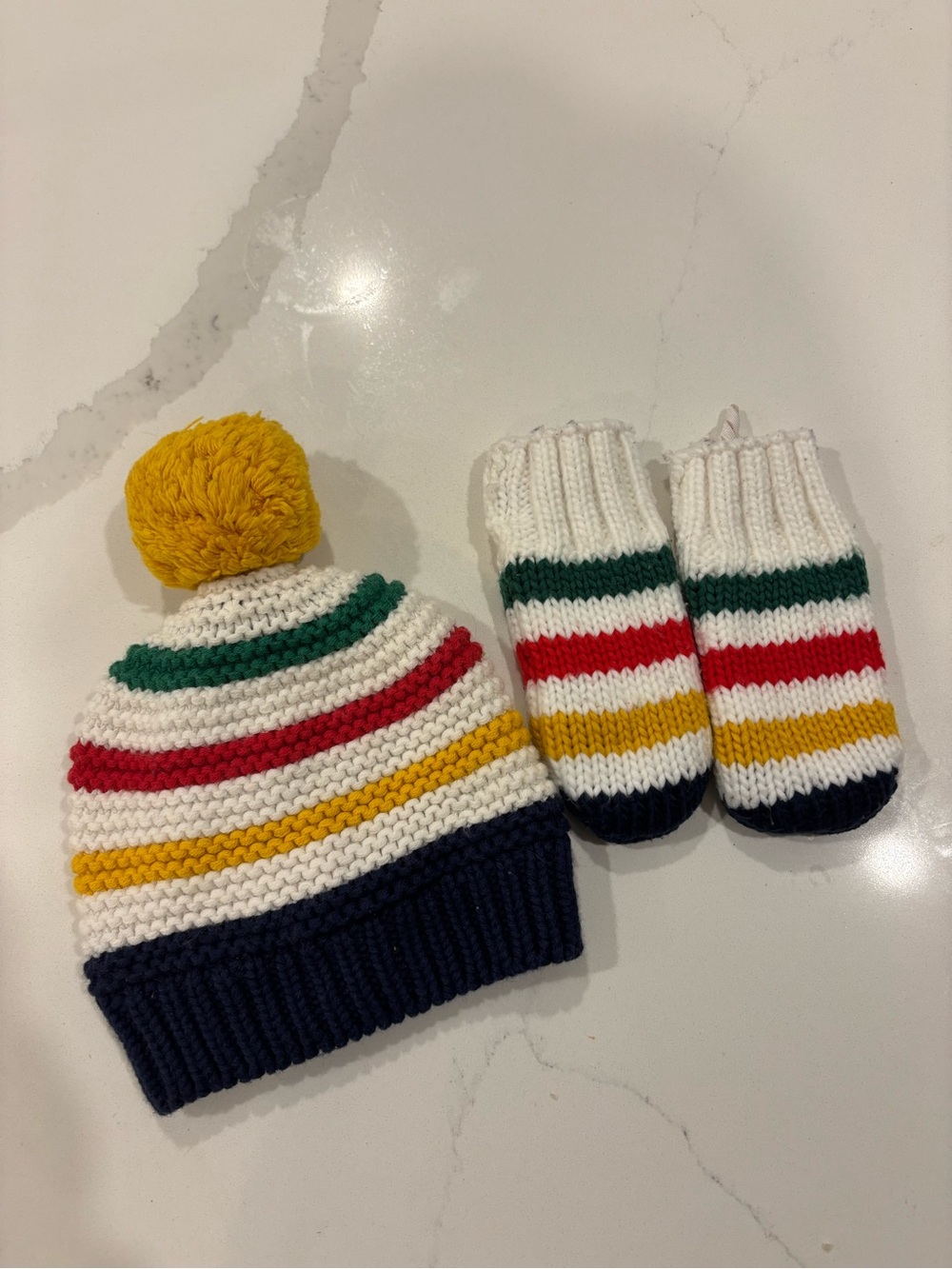 HBC Striped Knit Pom Beanie and Mittens Set - White, Navy, Yellow, Red, Green